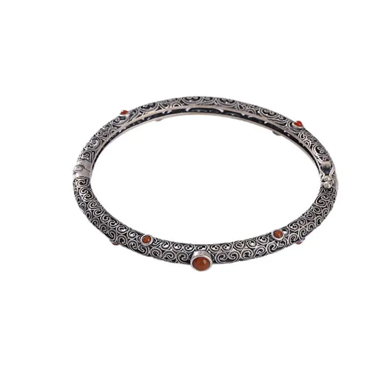 Vintage Tang Dynasty Flower Design Engraved Red Agate Copper Luck Bracelet Bangle Fortune Jewel