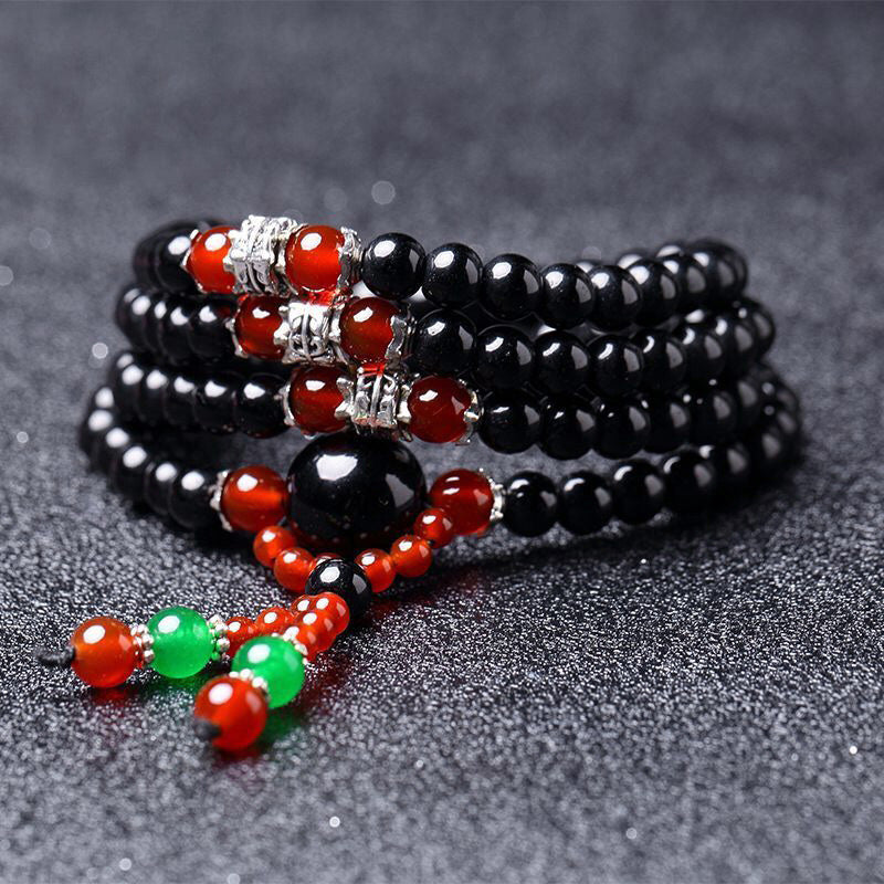 Fortune Jewel 108 Beads Natural Black Obsidian Tiger Eye Mala Bracelet