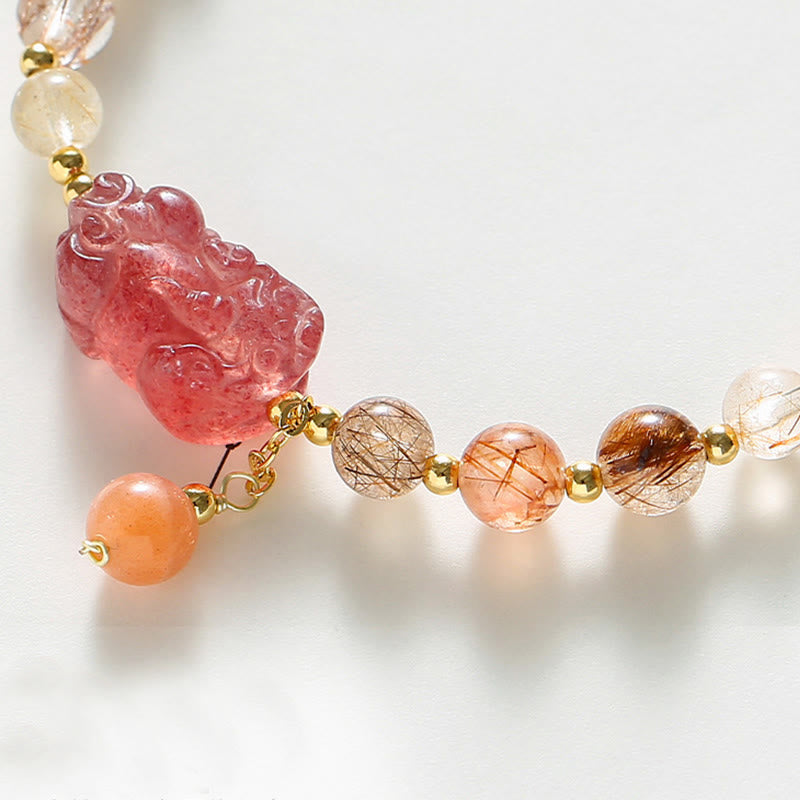 Fortune Jewel Natural Rutilated Quartz Strawberry Quartz PiXiu Wealth Bracelet
