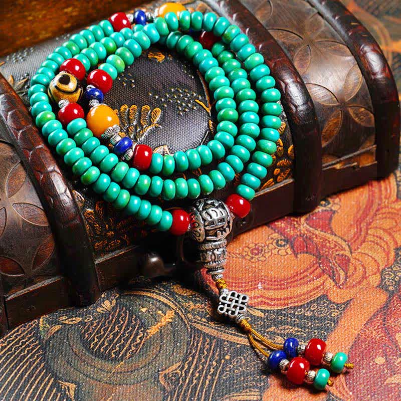 Fortune Jewel 108 Mala Beads Tibetan Turquoise Dzi Bead Protection Bracelet