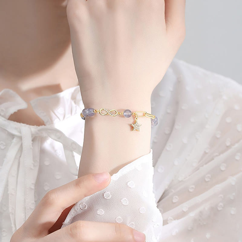 Fortune Jewel 14K Gold Plated Natural Strawberry Quartz Moonstone Möbius Loop Eternal Love Star Positive Bracelet
