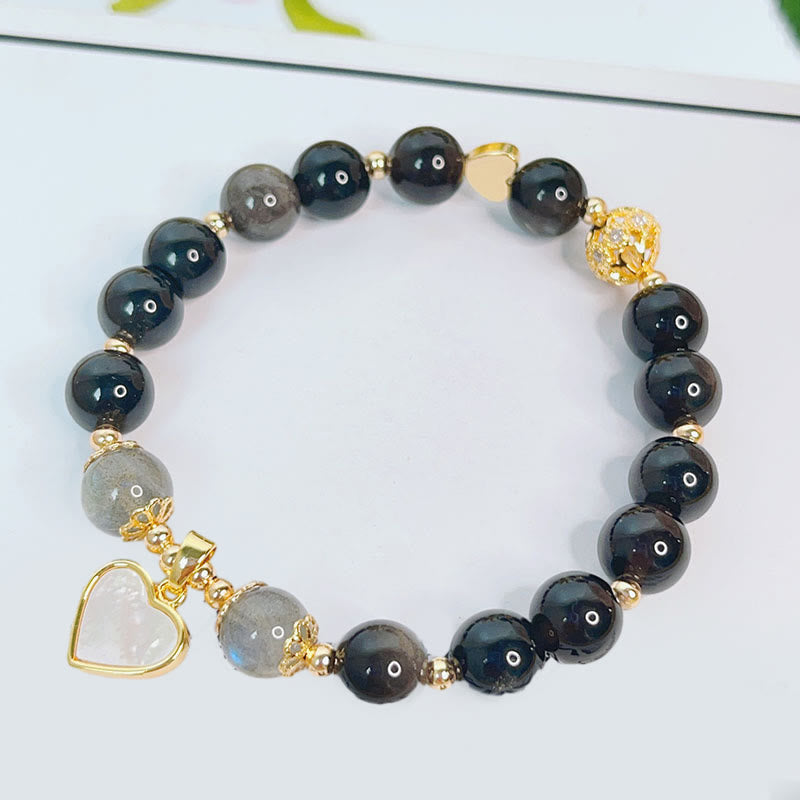 Fortune Jewel Natural Silver Sheen Obsidian Love Heart Star Flower Protection Bracelet