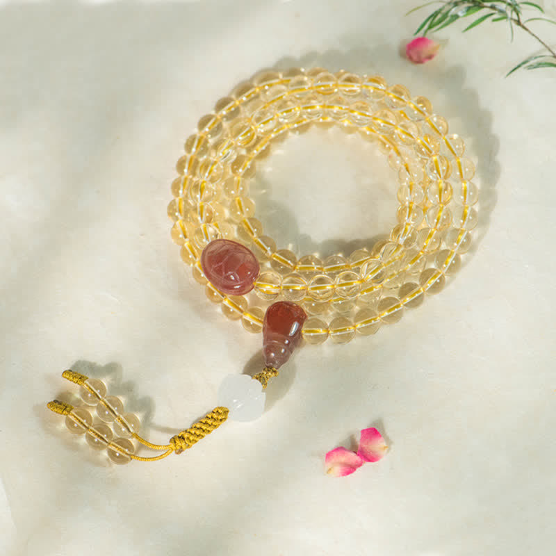 Fortune Jewel 108 Mala Beads 925 Sterling Silver Natural Citrine Red Agate White Jade Prosperity Charm Bracelet