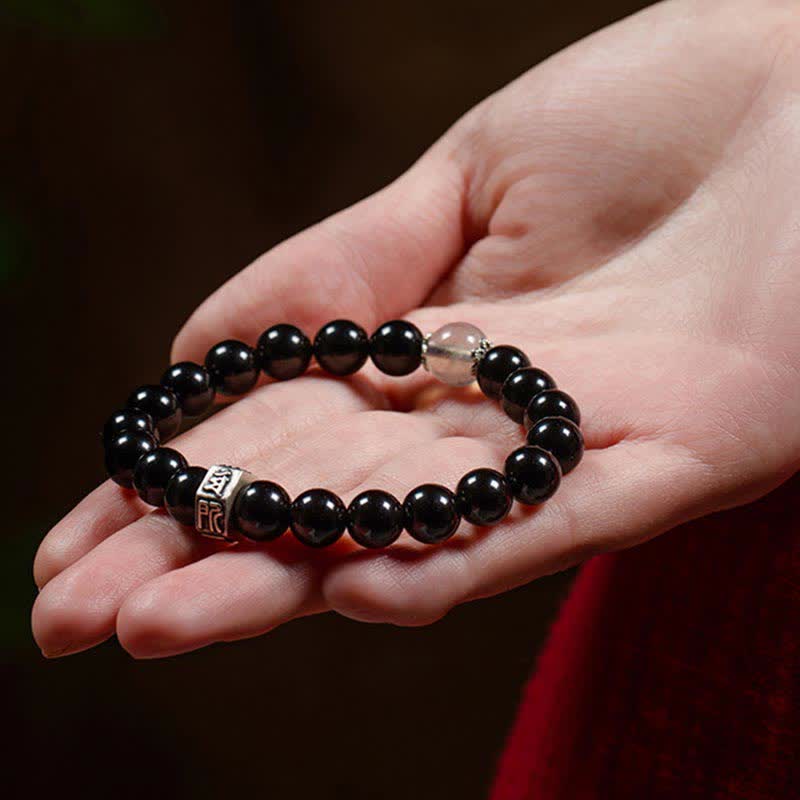 Fortune Jewel Chinese Zodiac Natal Buddha 925 Sterling Silver Black Obsidian Moonstone Strength Bracelet