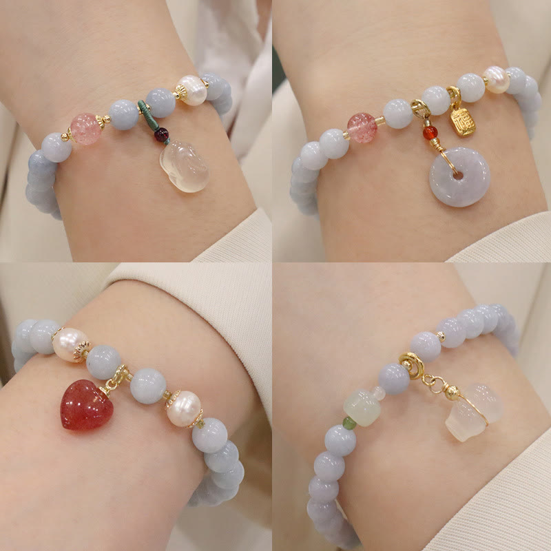 Fortune Jewel Natural Aquamarine Chalcedony Serenity Rabbit Gourd Cat Charm Bracelet