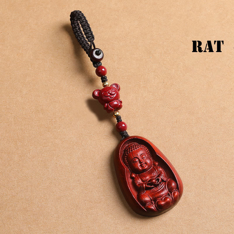 Fortune Jewel Small Leaf Red Sandalwood Buddha Cinnabar Chinese Zodiac Amulet Protection Key Chain