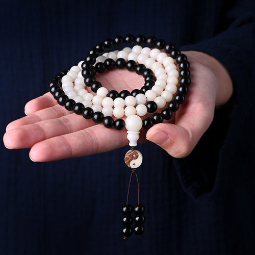 Buddha Stones Ebony YinYang Protection Necklace Mala Fortune Jewel