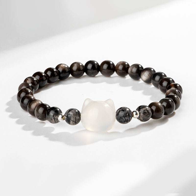 Fortune Jewel Natural Silver Sheen Obsidian Cute Cat Head Protection Bracelet
