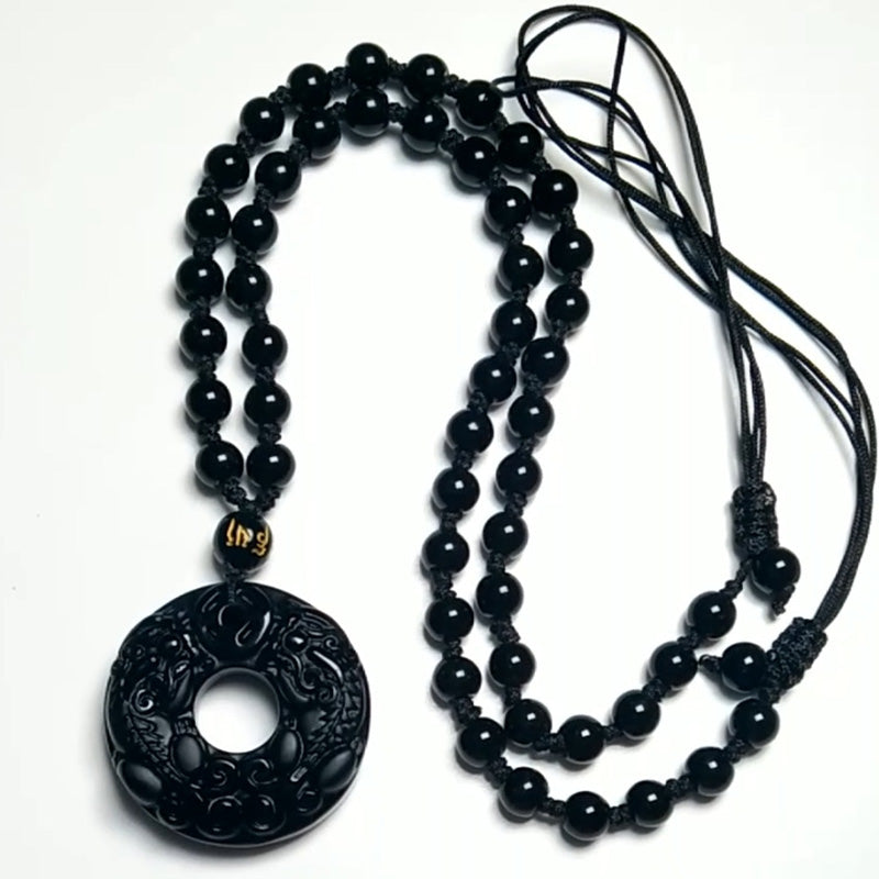 Fortune Jewel Pixiu Obsidian Wealth Pendant Necklace