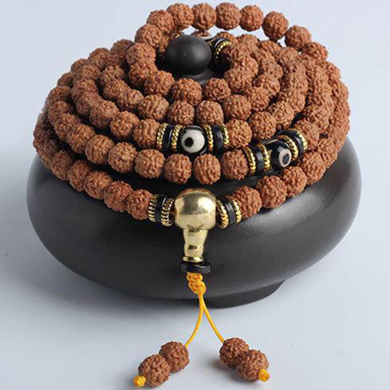 Fortune Jewel 108 Mala Beads Rudraksha Bodhi Seed Dzi Bead Luck Wealth Bracelet