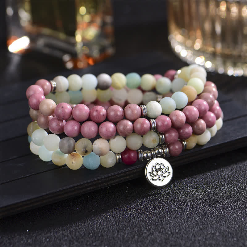 Fortune Jewel Lazurite Picasso Jasper Amazonite Rhodonite Apatite Positive Lotus Prayer Bead Bracelet