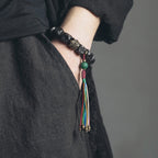 Fortune Jewel Tibet Ebony Wood Copper Peace Tassel Wrist Mala Bracelet