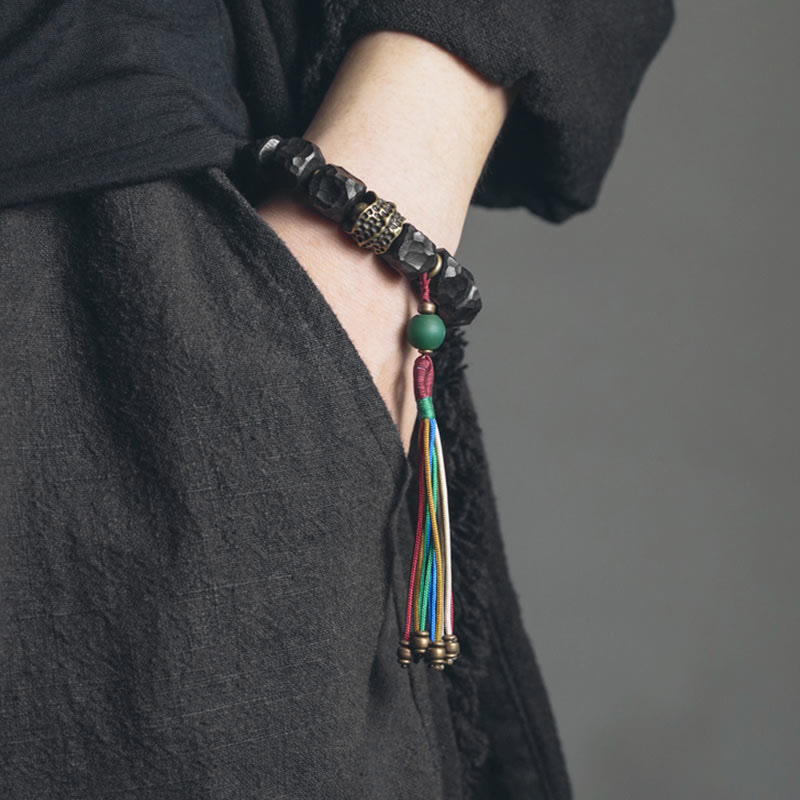 Fortune Jewel Tibet Ebony Wood Copper Peace Tassel Wrist Mala Bracelet