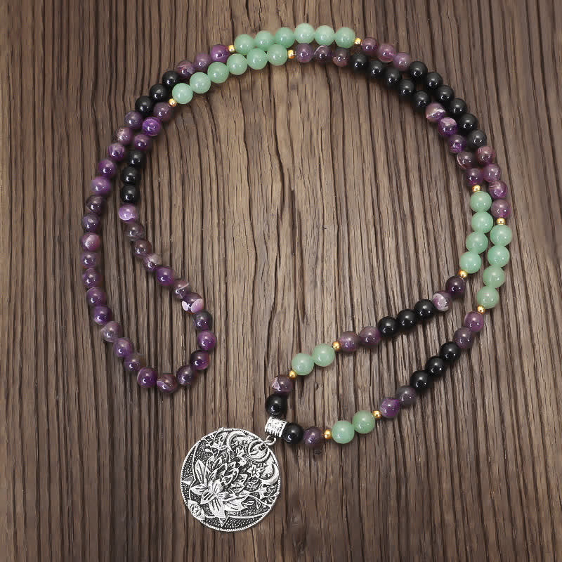 Fortune Jewel 108 Mala Beads Amethyst Green Aventurine Lotus Meditation Bracelet