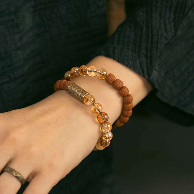 Fortune Jewel Natural Citrine Crystal Rudraksha Bodhi Seed Brass Bead Prosperity Double Wrap Bracelet