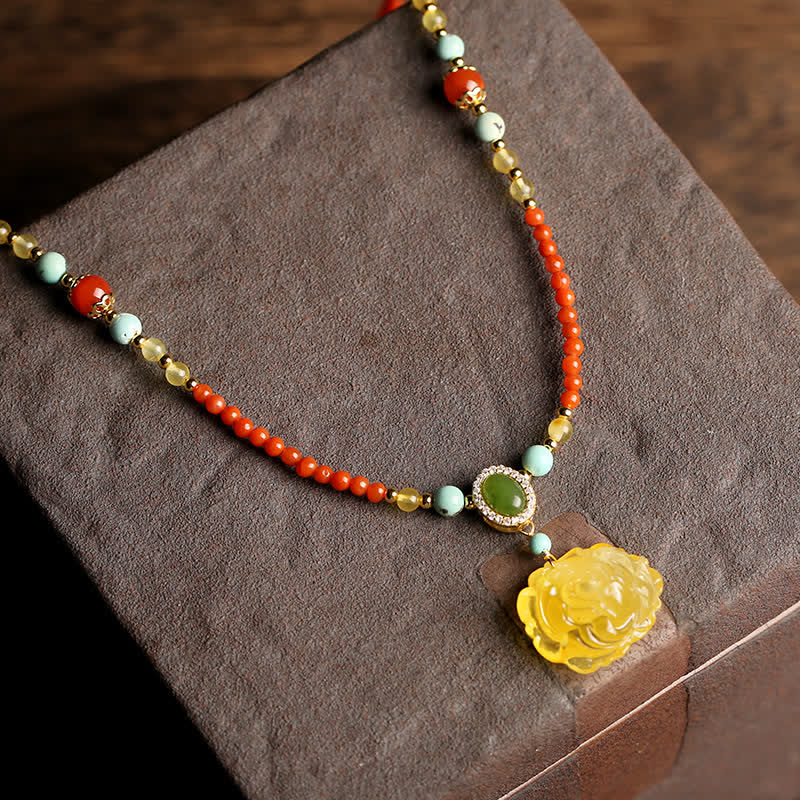 Fortune Jewel 925 Sterling Silver Natural Red Agate Amber Peony Confidence Charm Necklace Pendant