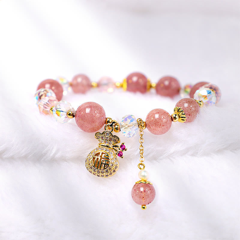 Fortune Jewel Natural Strawberry Quartz Crystal Money Bag Charm Positive Bracelet