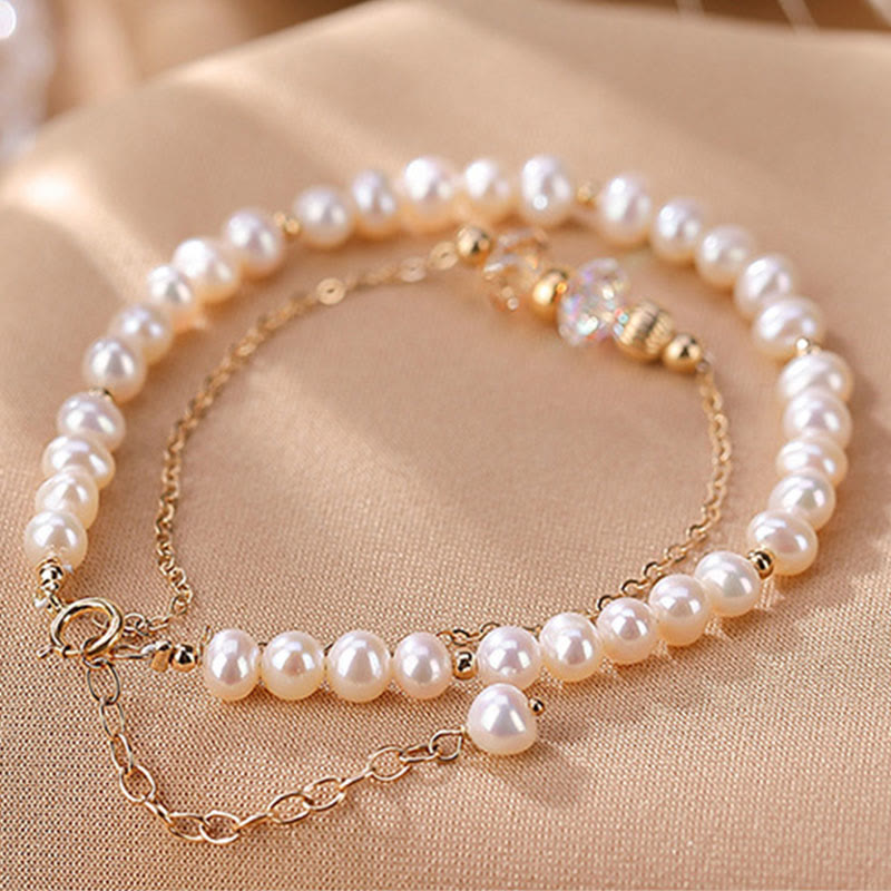 Fortune Jewel 925 Sterling Silver Plated 14k Gold Natural Pearl Crystal Healing Double Layer Bracelet