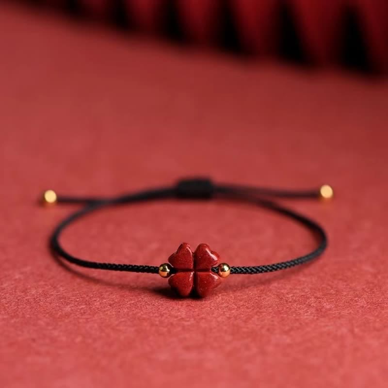 Fortune Jewel Natural Cinnabar Four Leaf Clover Blessing Red String Bracelet Anklet