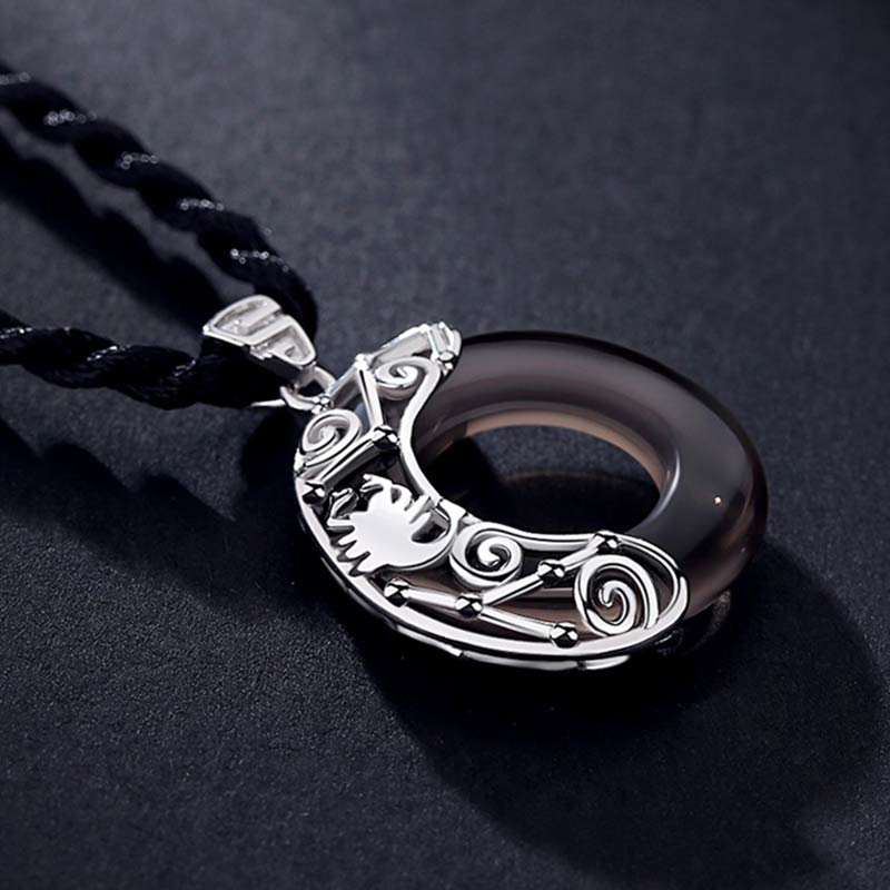 Fortune Jewel 12 Constellations of the Zodiac Ice Obsidian Blessing Round Pendant Necklace