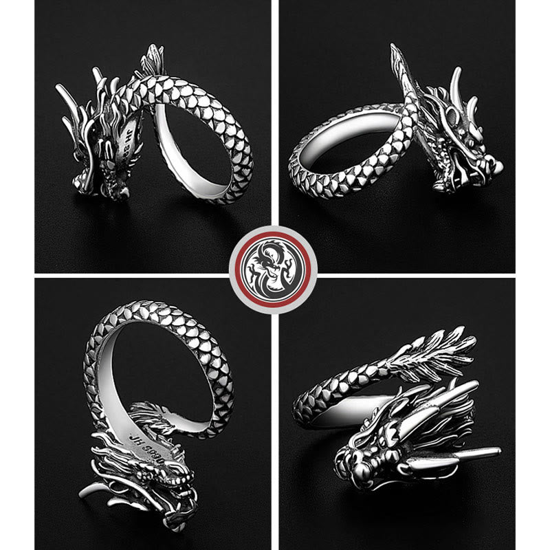 Fortune Jewel 990 Sterling Silver Vintage Dragon Design Luck Protection Strength Adjustable Ring