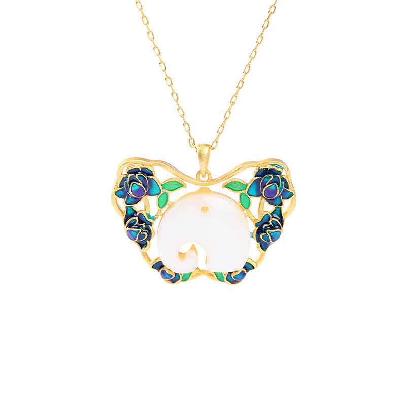 Fortune Jewel White Jade Elephant Butterfly Lotus Success Necklace Chain Pendant