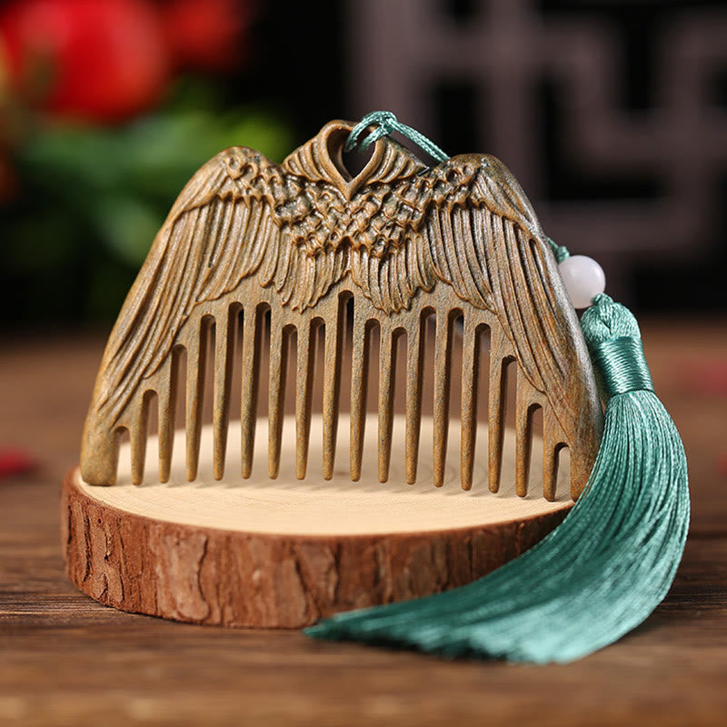 Fortune Jewel Green Sandalwood Fox Peony Flower Lotus Engraved Cure Tassel Comb Fortune Jewel
