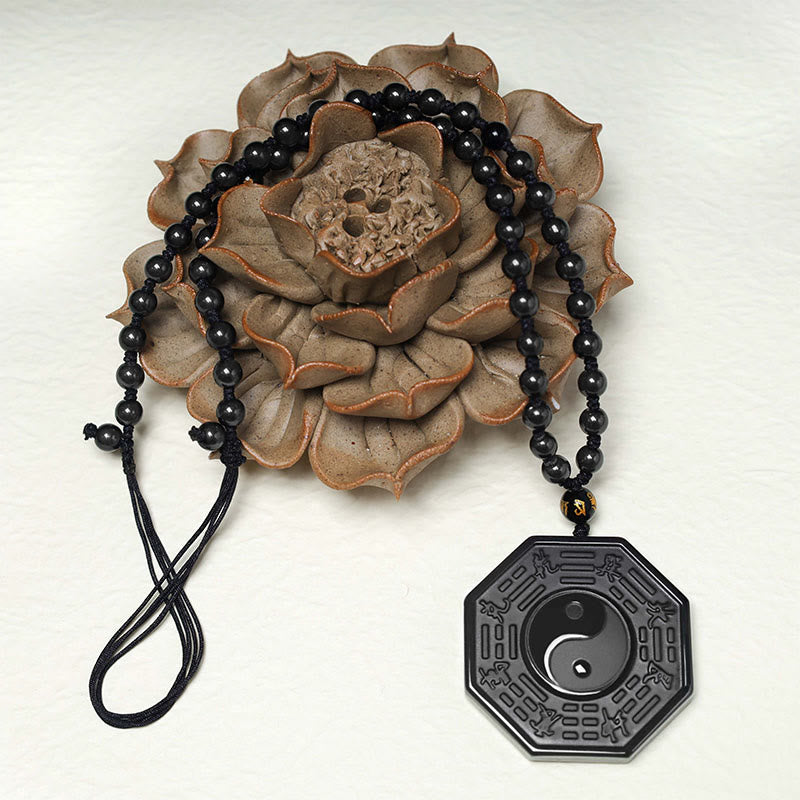 Fortune Jewel Black Obsidian Stone Yin Yang Pendant Necklace