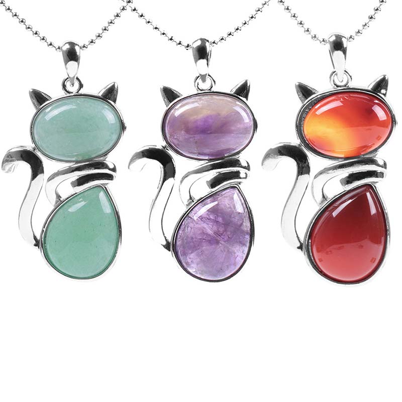 Fortune Jewel Cat Pattern Natural Crystal Protection Necklace Pendant