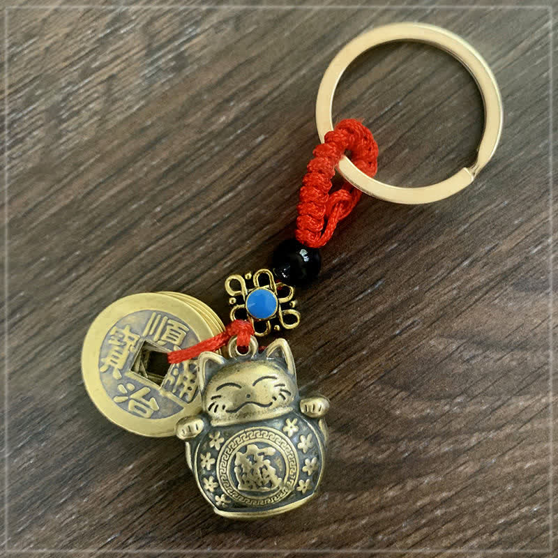 Fortune Jewel Feng Shui Five Emperor Coins Lucky Cat Money Wealth Keychain