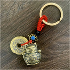 Fortune Jewel Feng Shui Five Emperor Coins Lucky Cat Money Wealth Keychain