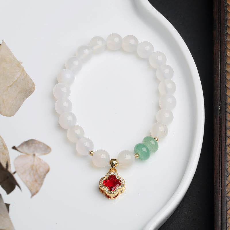 Fortune Jewel Natural White Agate Red Agate Money Bag Fu Character Four Leaf Clover Protection Bracelet