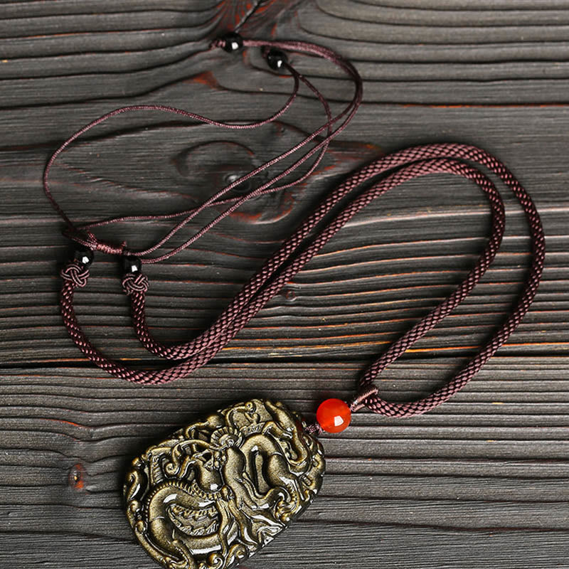 Fortune Jewel Gold Sheen Obsidian Dragon Pattern Success Necklace Pendant