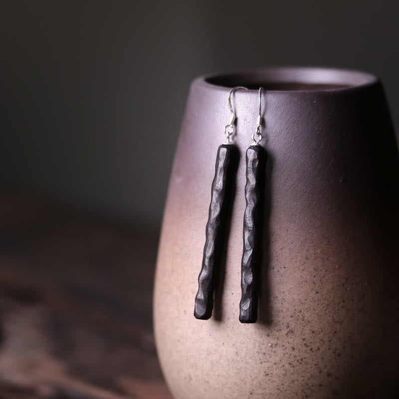 Fortune Jewel 925 Sterling Silver Ebony Wood Texture Balance Peace Drop Dangle Earrings
