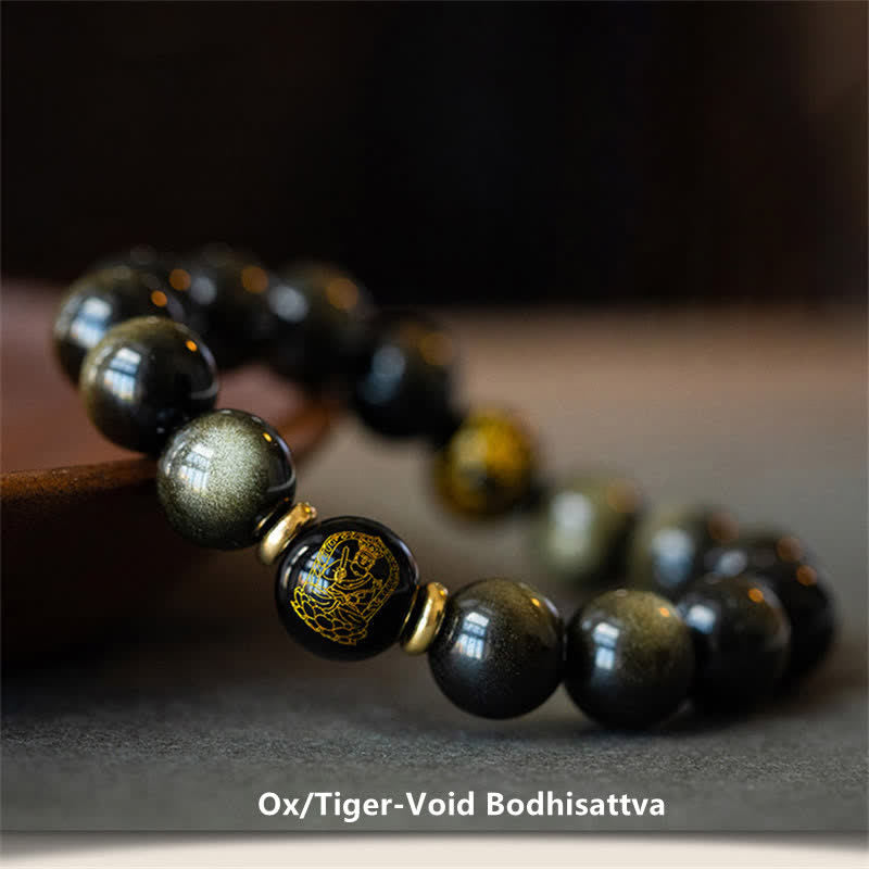 Fortune Jewel Chinese Zodiac Natal Buddha Gold Sheen Obsidian Wealth Protection Bracelet