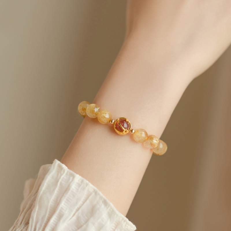Fortune Jewel Golden Rutilated Quartz Strawberry Quartz Star Protection Bracelet