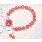 Fortune Jewel Natural Strawberry Quartz Pink Crystal Lucky Cat Paw Love Bracelet