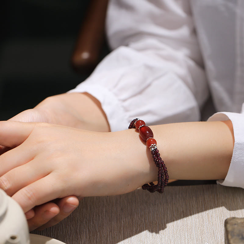 Fortune Jewel Natural Garnet Red Agate Protection Triple Layer Bracelet