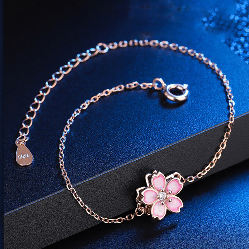 Fortune Jewel 925 Sterling Silver Cherry Blossom Blessing Chain Bracelet Rotatable Ring