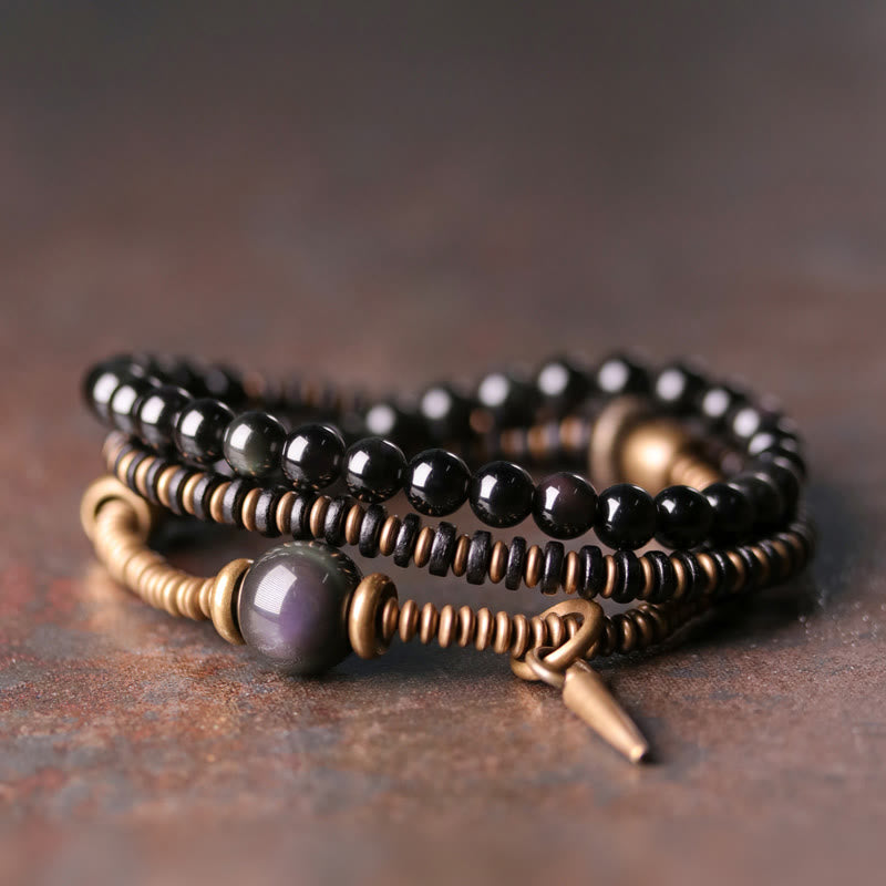Fortune Jewel Rainbow Obsidian Ebony Wood Copper Healing Triple Wrap Bracelet