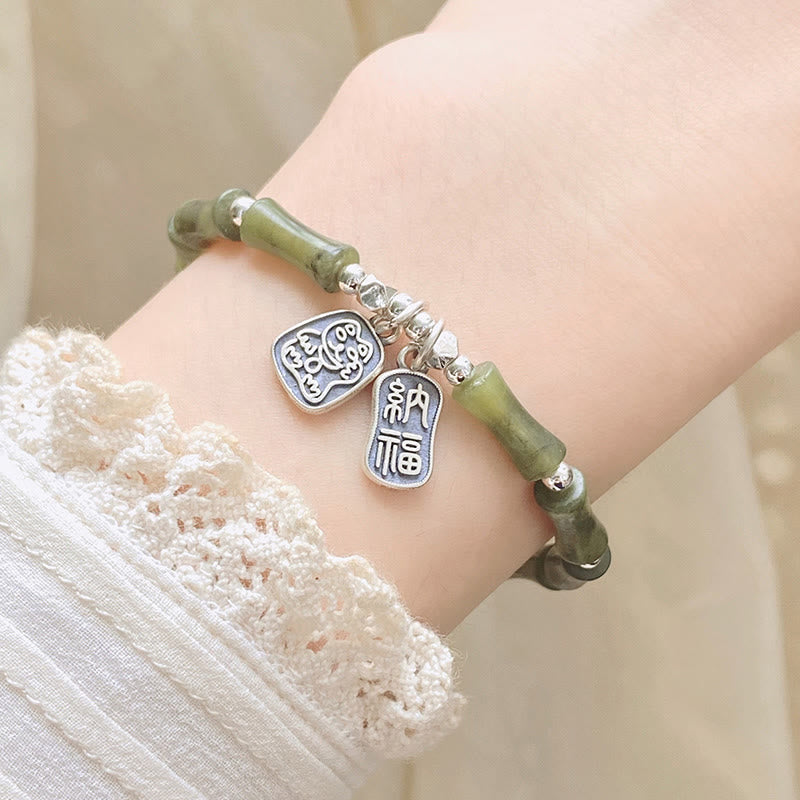 Fortune Jewel 925 Sterling Silver Bamboo Jade Lucky Cat Fu Character Luck Abundance Bracelet
