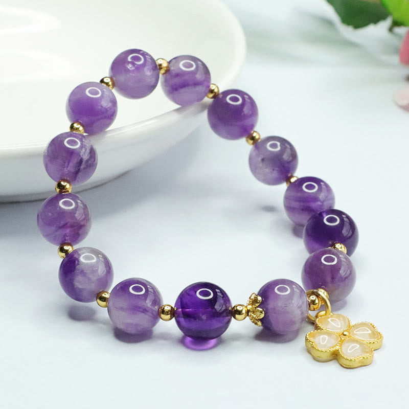 Fortune Jewel Natural Amethyst Crystal Inner Peace Four Leaf Clover Charm Bracelet
