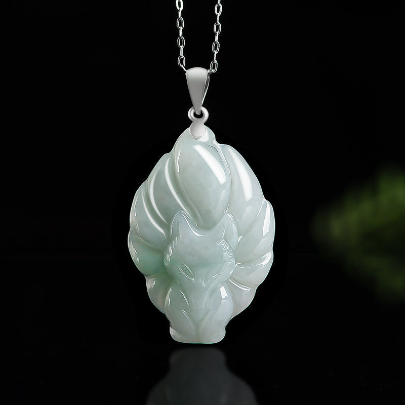 Fortune Jewel Natural Jade Nine Tailed Fox Prosperity Titanium Steel Chain Necklace Pendant