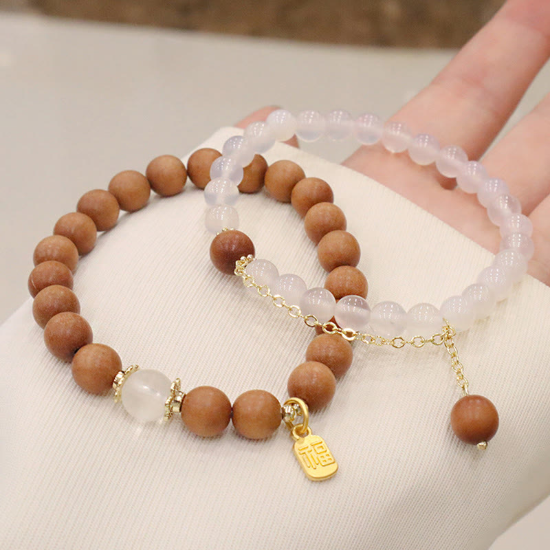 Fortune Jewel Sandalwood Cat's Eye Fu Character Charm Protection Bracelet
