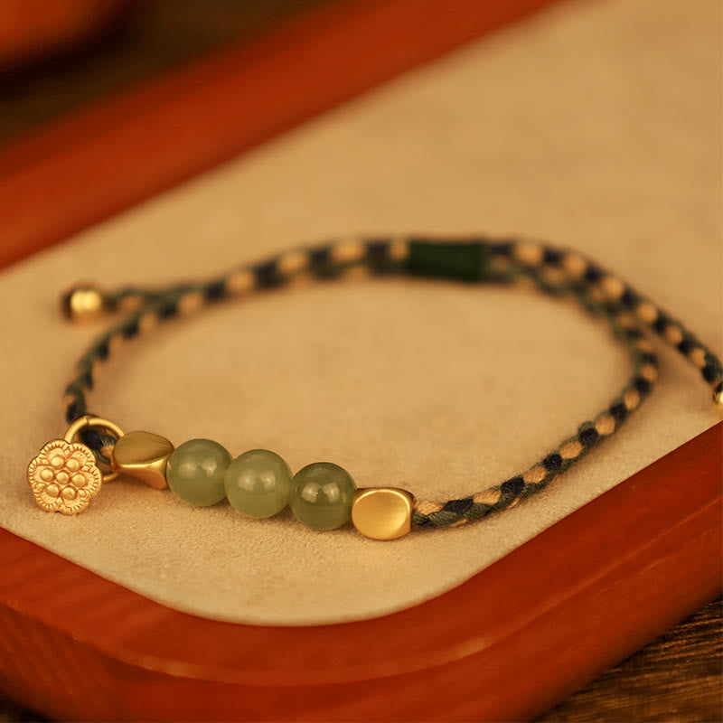 Fortune Jewel Handcrafted Hetian Jade Lotus Charm Luck Braided Bracelet