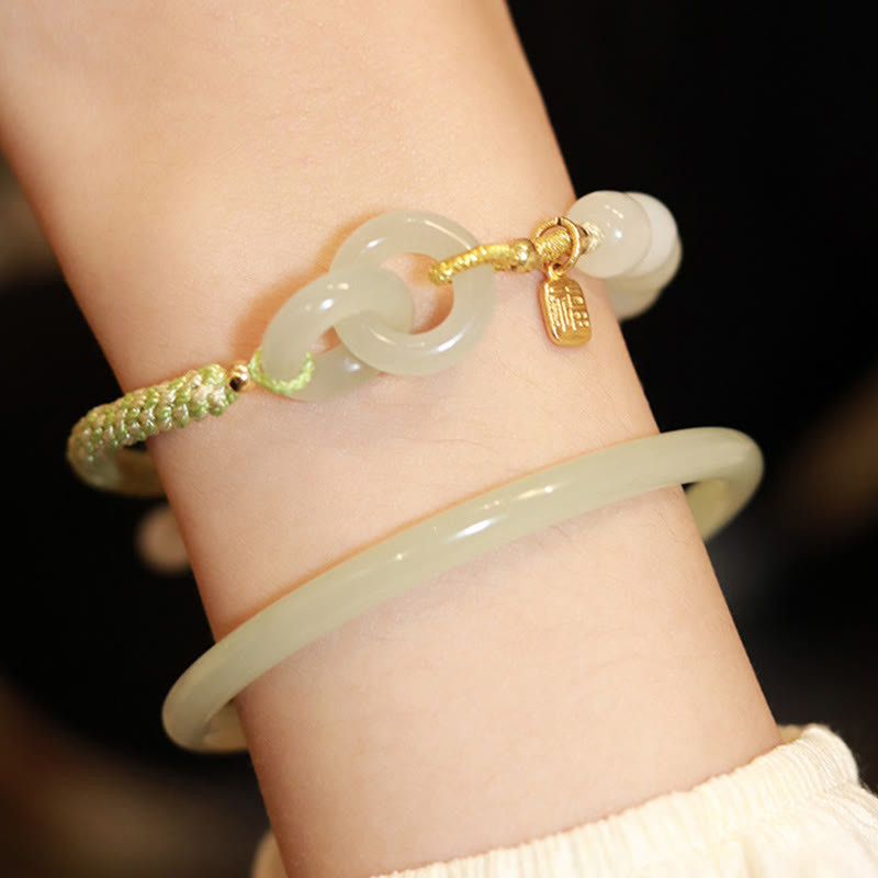 Fortune Jewel Natural Hetian Jade Bead Double Peace Buckle Fu Character Abundance Braided Bracelet