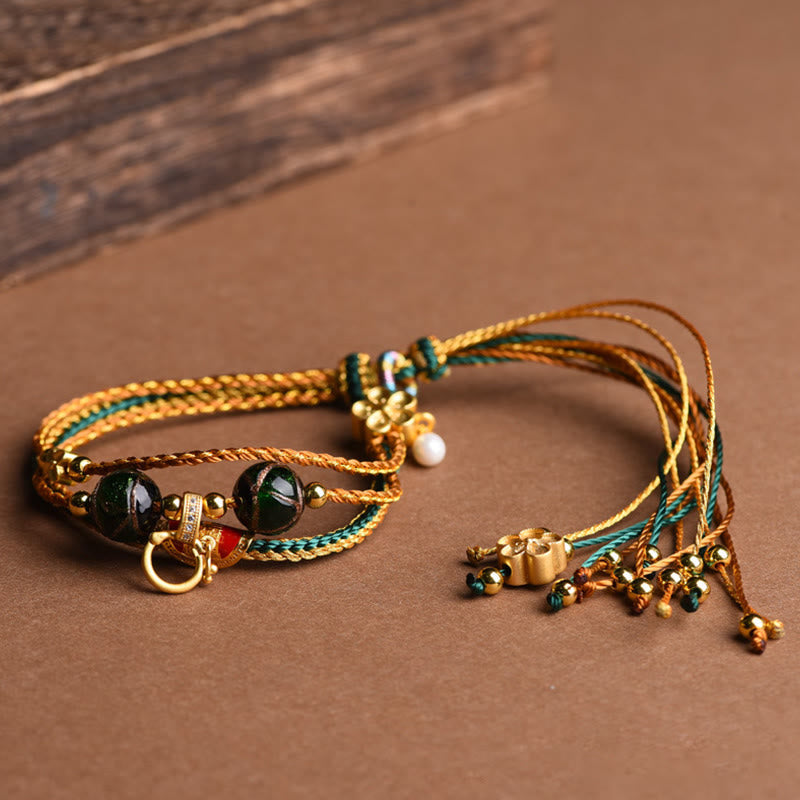 Fortune Jewel Tibetan Handmade Rope Liuli Glass Bead Braided Multilayered Healing Bracelet