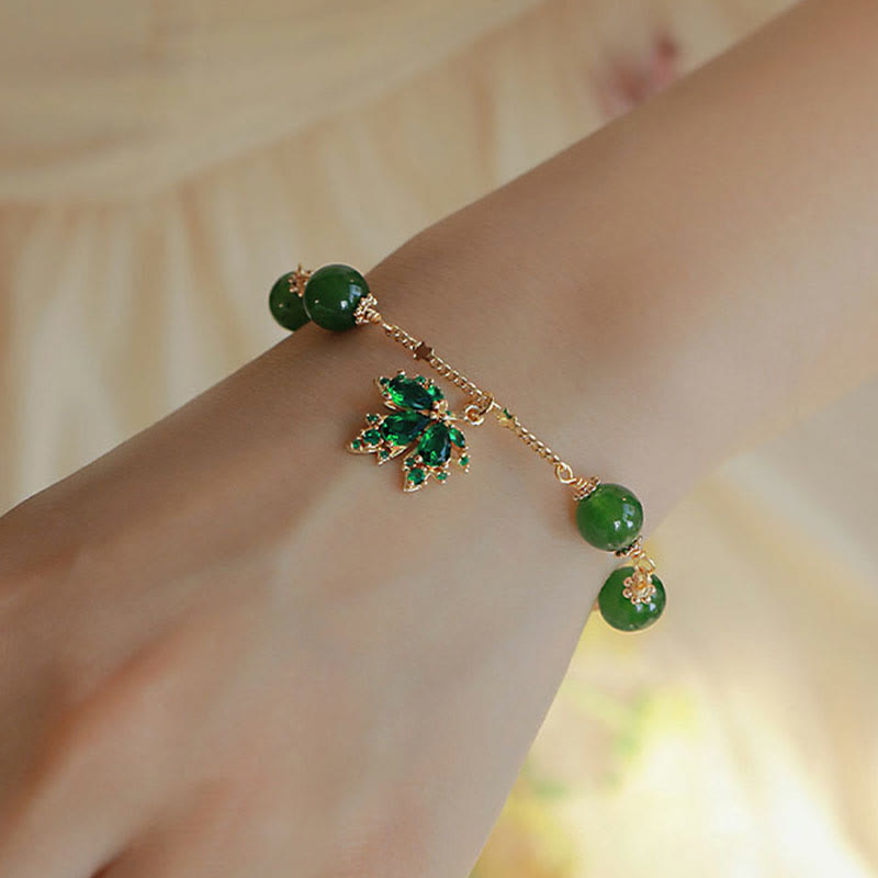 Fortune Jewel 14k Gold Plated Green Chalcedony Maple Leaf Courage Strength Bracelet