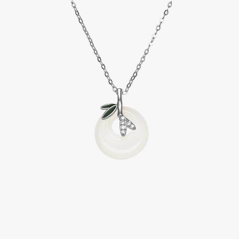 Fortune Jewel 925 Sterling Silver Natural Chalcedony Bamboo Leaf Peace Buckle Positive Necklace Pendant