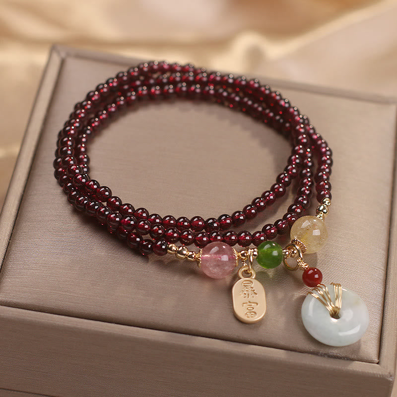 Fortune Jewel Natural Garnet Strawberry Quartz Crystal Fox Koi Fish Peace Buckle Fortune Protection Triple Wrap Bracelet